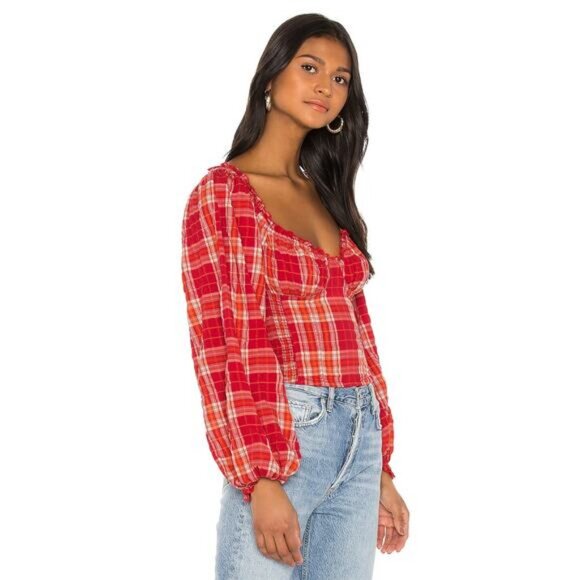 FREE PEOPLE Cherry Bomb Madrass Plaid Top Size Large - Picture 2 of 7